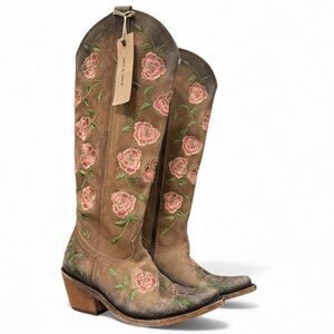 Women's  Liberty Black Embroidered Rose Tall Western Boot Brown Leather Size 7